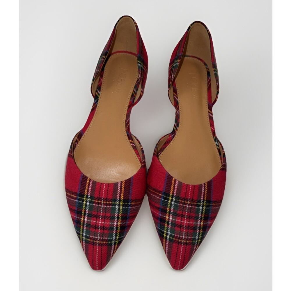 J.Crew D'Orsay Red Tartan Plaid Pointed Toe Flat Shoes Size 5.5
